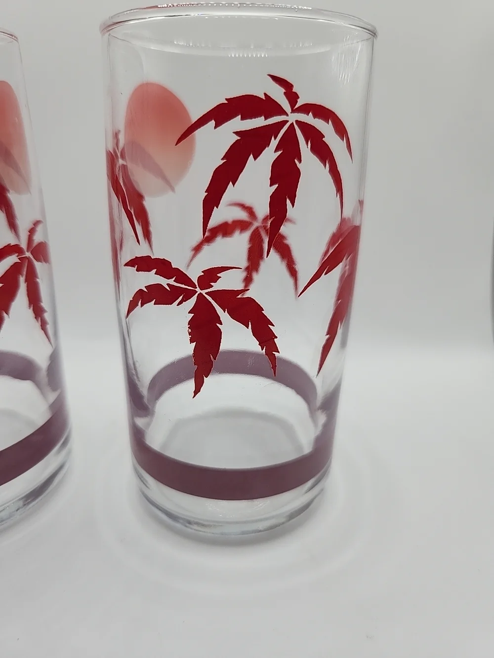 Clear Glass Tumbler Set with Red Palm Sunset Design‎ vintage